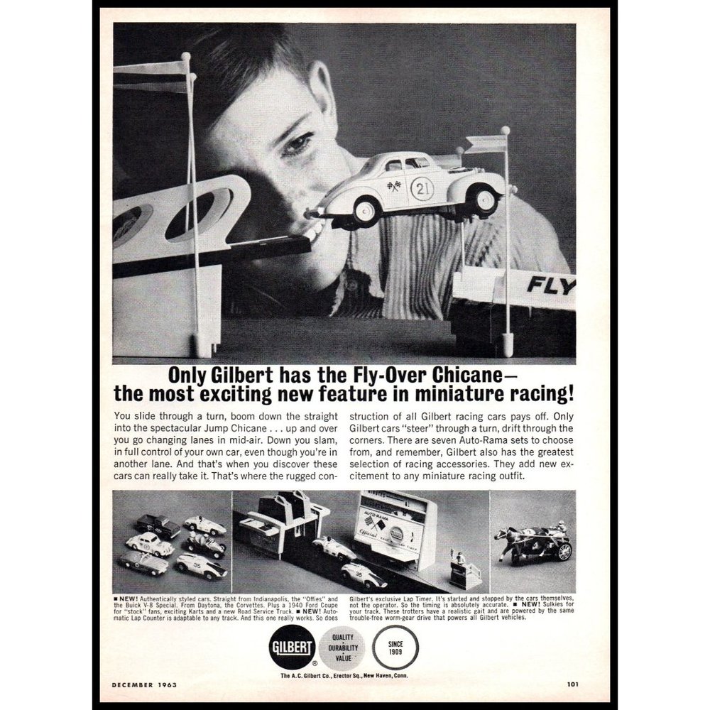 1963 Gilbert Jump Chicane Miniature Racing Toy Cars Vintage Print Ad Wall Art